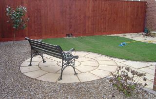 Circular patio, patio area, Yorkstone, sandstone, gravel, turfing, paving, Green Onion Landscaping, landscapers in Stockton, Darlington, Middlesbrough.