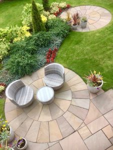 circular patios, alfresco dining, landscaping, garden design, seated area, turfing, planting, shrubs, design, Green Onion Landscaping, Yarm, Teesside, Tees Valley, Durham, Yorkshire,