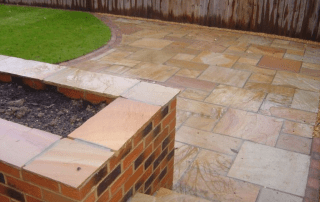 Garden design, landscape garden design, sandstone patio, brick walls, turfing,landscapers Stockton, Green Onion Landscaping