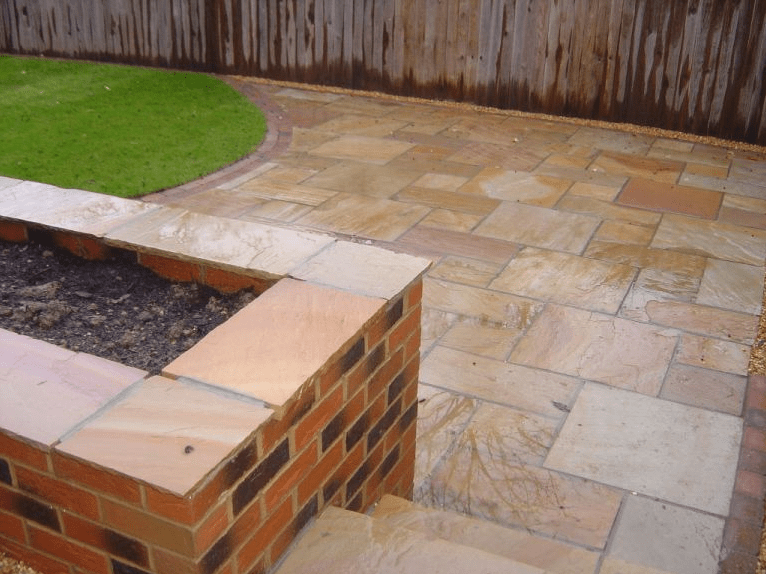 Garden design, landscape garden design, sandstone patio, brick walls, turfing,landscapers Stockton, Green Onion Landscaping