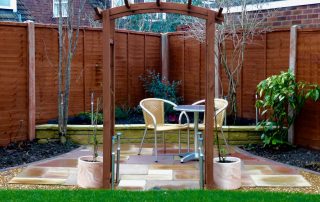 Romantic garden design Stockton, patios, sandstone patio, alfresco dining, turfing, lawn, turfed, turf, pergola, walls, brick work, cobbled edging, garden design, fairfield, Stockton, darlington, Middlesbrough, Teesside