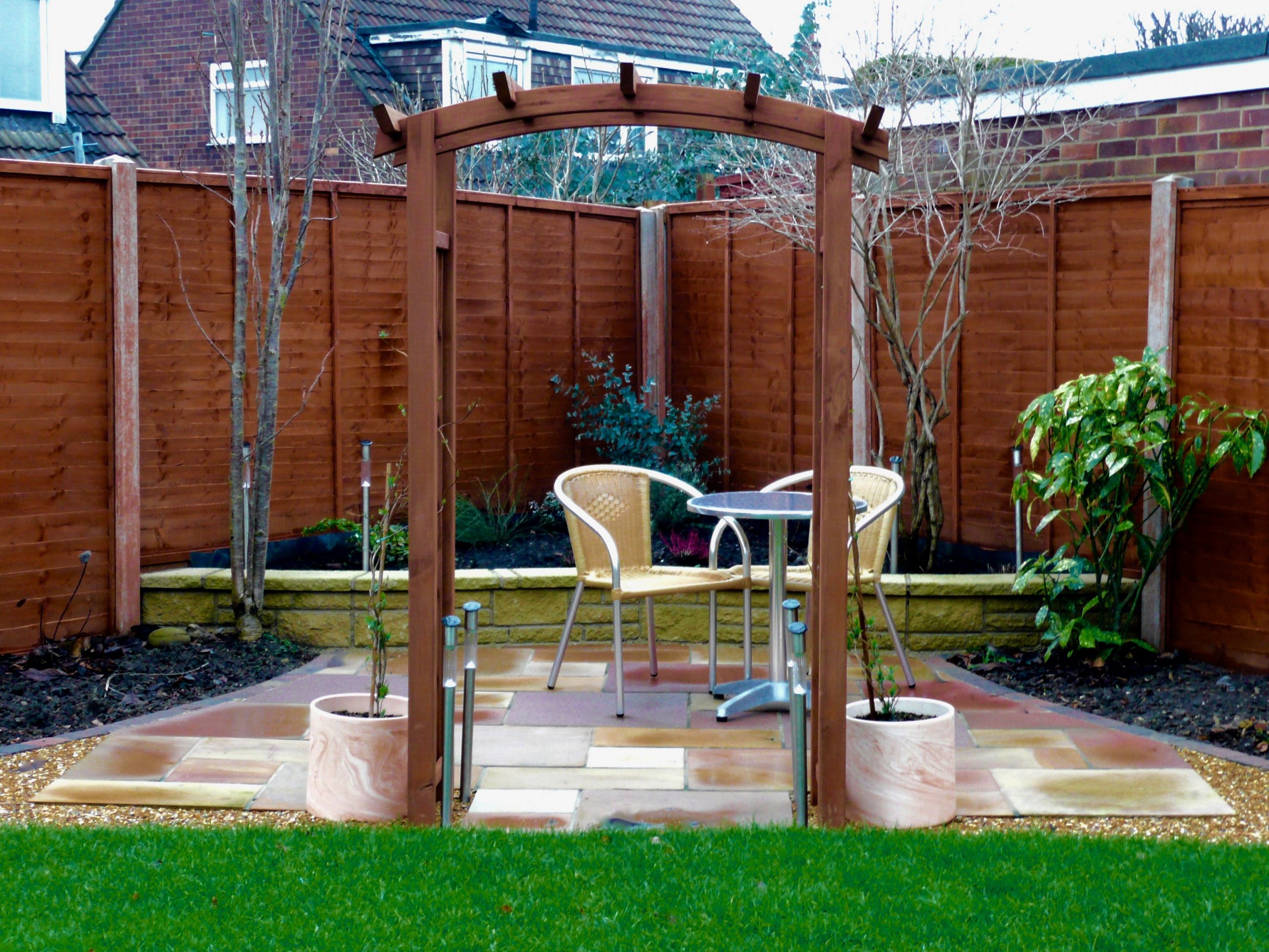 Romantic garden design Stockton, patios, sandstone patio, alfresco dining, turfing, lawn, turfed, turf, pergola, walls, brick work, cobbled edging, garden design, fairfield, Stockton, darlington, Middlesbrough, Teesside