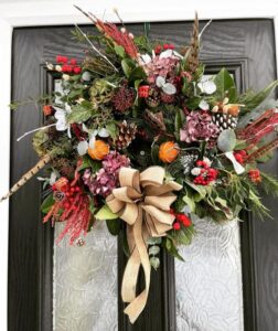 Pheasant feathers,hydrangeas, sliced fruit, berries, holly, ivy, luxury, door wreath, Christmas wreaths, christmas, festive, xmas wreath, Stockton, teesside, north yorkshire, county durham
