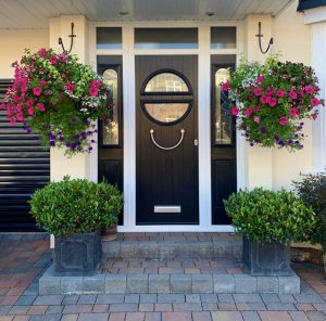 hanging baskets, huge, large, premium, local, delivered, pink, petunias, trailing plants, colourful, green onion landscaping, county Durham, teesside, north yorkshire
