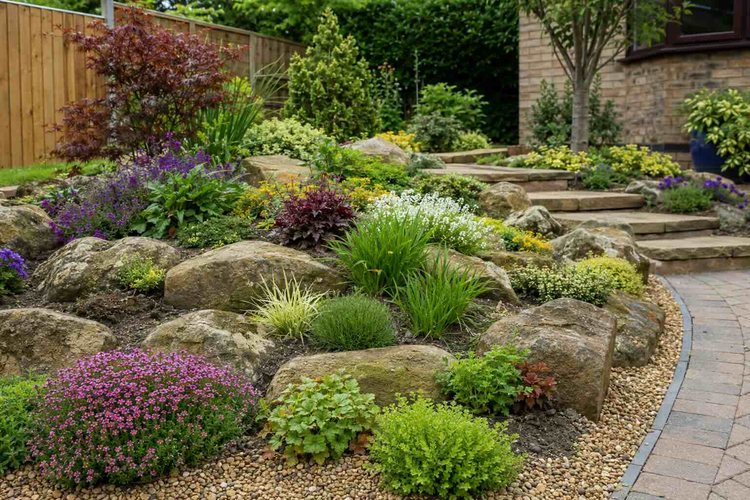 Rock garden and rockery construction with natural stone, alpine planting and gravel landscaping in Stockton-on-Tees, Teesside