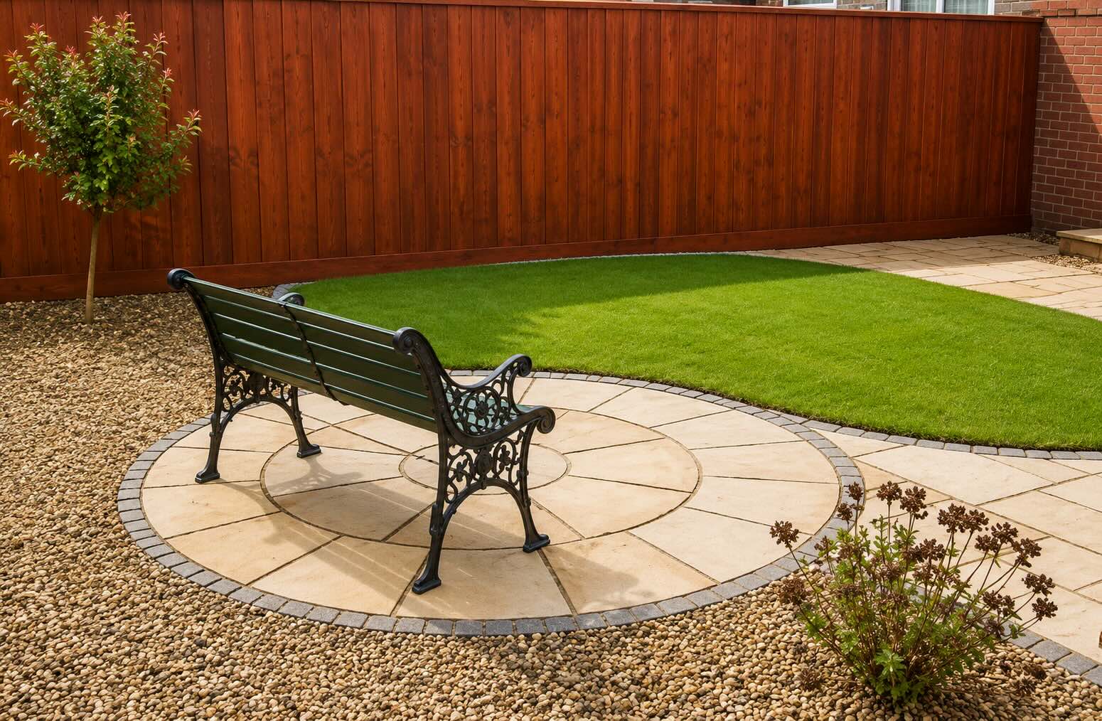 Circular Yorkstone patio with curved lawn and decorative gravel in Nunthorpe, Middlesbrough