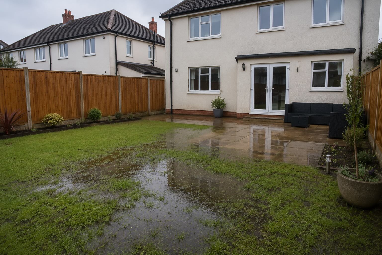 Waterlogged garden lawn and flooded patio at a semi-detached house in Stockton-on-Tees