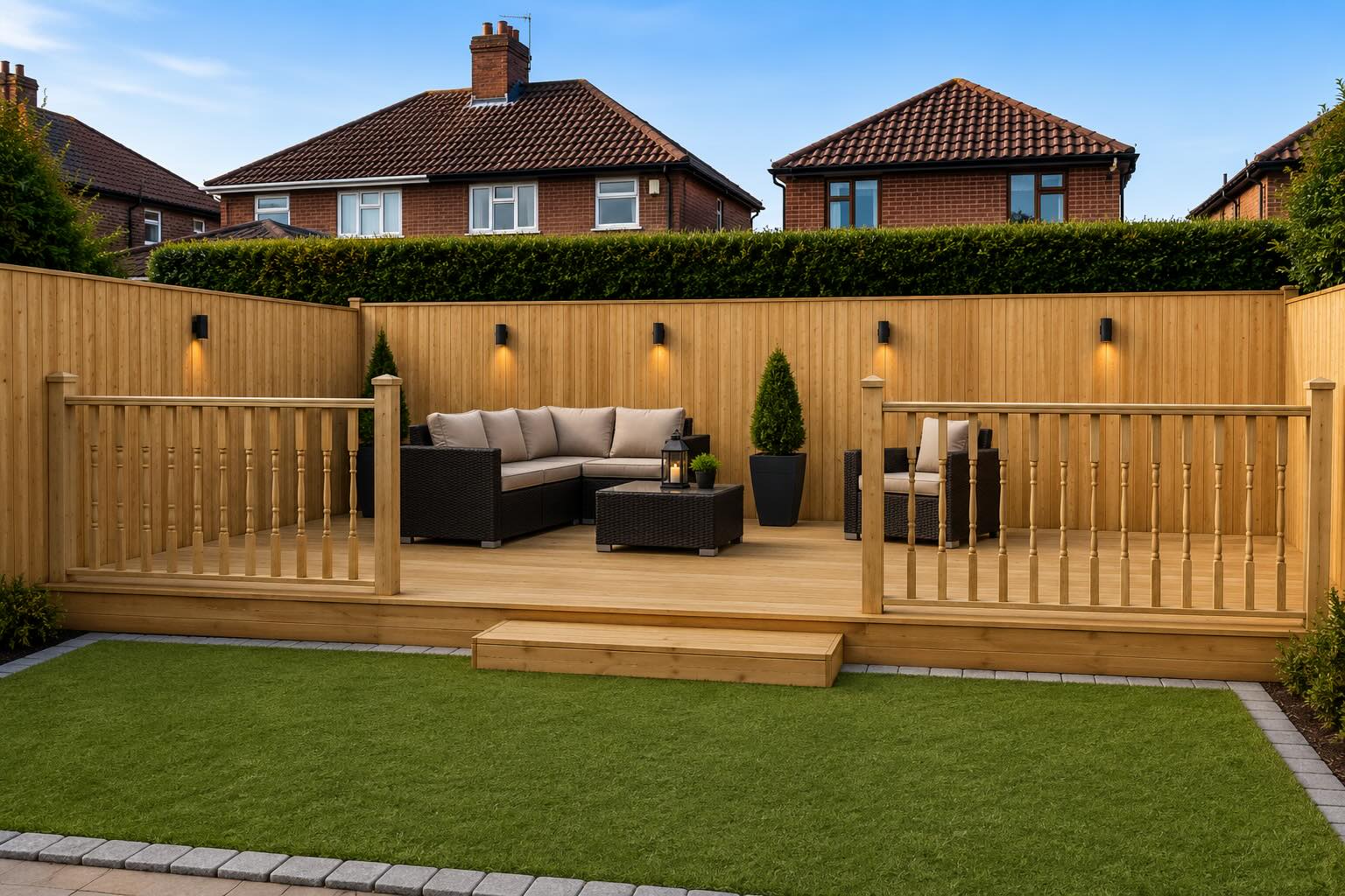 Raised softwood timber decking with balustrades, lawn and cobble edging in Acklam, Middlesbrough