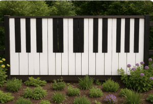 piano fencing idea. A wooden fence that has been painted to look like the keys of a piano. 
