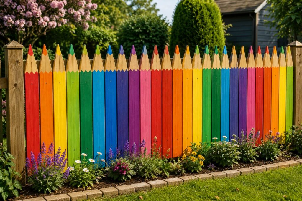 Colouring pencil garden fence idea with colourful timber fence panels painted to look like giant pencils