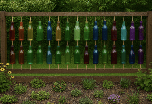 A colourful recycled bottle barrier fence. 