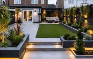 Contemporary garden design with porcelain patio, artificial grass and modern planting in Stockton-on-Tees