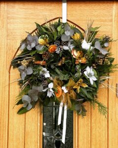 Hand made local fresh foliage Christmas wreath with Gold and white embellishments made and sold by Green Onion Landscaping in Stockton on Tees £60