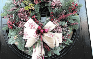 Luxury Hydrangea Christmas Wreath handmade by Green Onion Landscaping from the finest quality natural materials with a huge double bow. Cost = £120