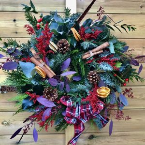 Christmas wreaths, wreaths, door wreaths, tartan ribbon, cinnamon sticks, local, near me, County Durham, teesside, fur cones, feathers,