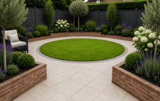 Contemporary garden design with porcelain paving, circular lawn with cobbled edging, raised brick built flower beds and modern planting in Stockton-on-Tees