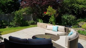 patio, porcelain patio, patios, garden, lawn, turf, brick walls, landscaping, alfresco dining, Green Onion Landscaping, landscaping, garden design,