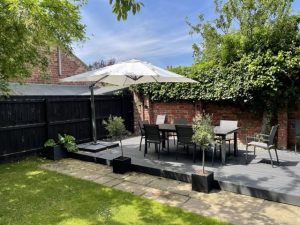 grey composite decking, decking, timber deck, decked area, garden decking, Saltburn, turfing, patio, garden design, County Durham, Teesside, Landscaping, landscapers, Stockton, Green Onion Landscaping