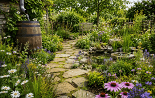 Environmentally friendly wildlife garden with pollinator planting, rainwater harvesting and natural stone pathways in Stockton-on-Tees and Teesside