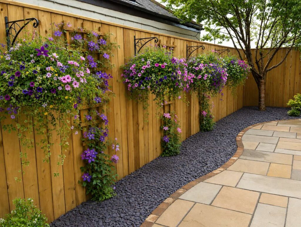 Closeboard timber fencing with hanging baskets, purple and pink clematis and decorative slate borders in Stockton-on-Tees