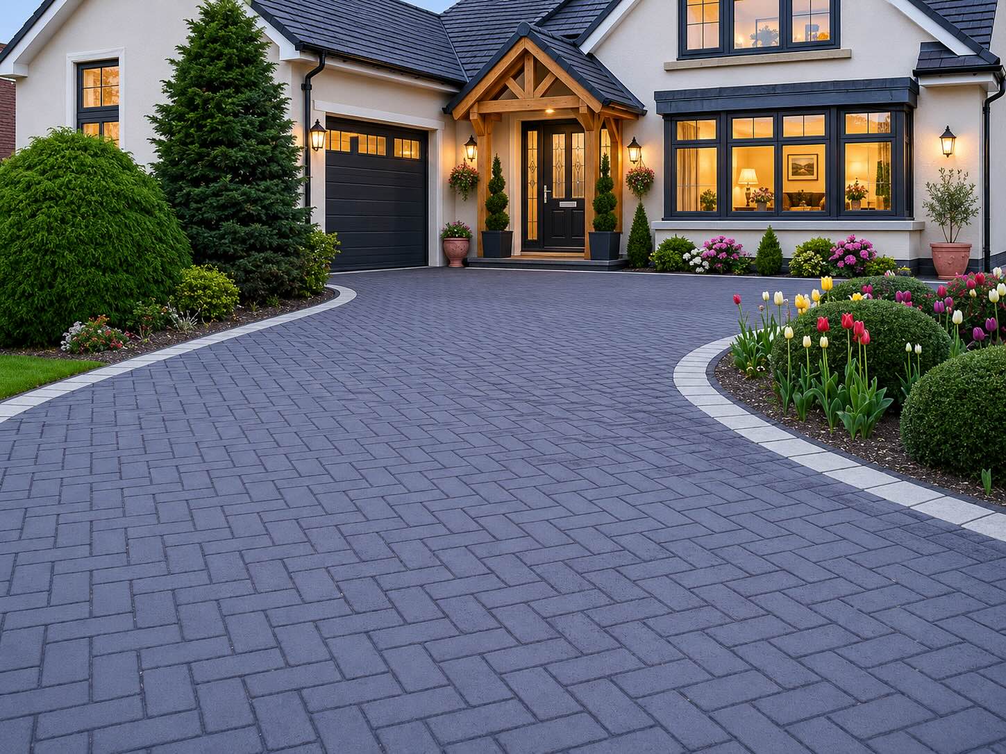 Charcoal herringbone block paving driveway installation in Hartburn, Stockton-on-Tees with contrasting border paving