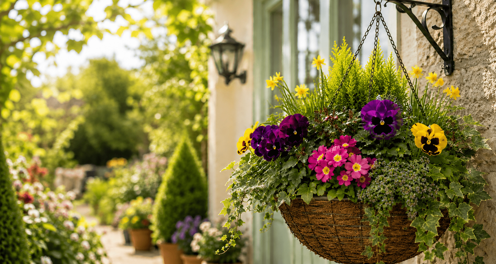 Autumn, winter and spring hanging basket with pansies, daffodils, thyme and ivy outside a North East home in Stockton-on-Tees