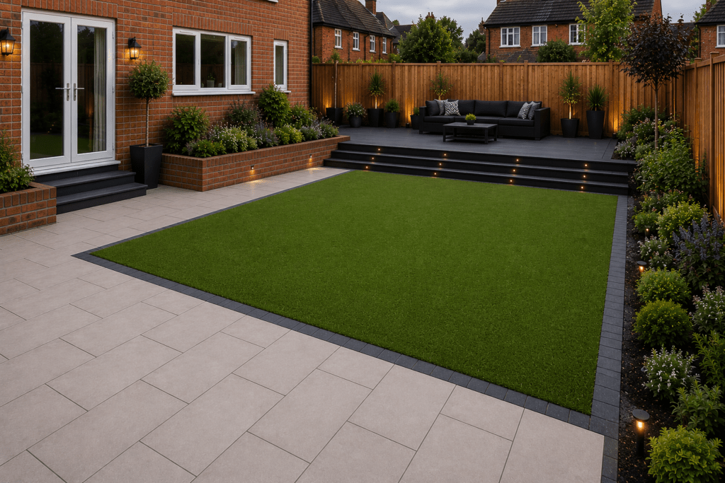 Artificial grass lawn with porcelain paving, charcoal cobble edging and composite decking in a landscaped Stockton garden
