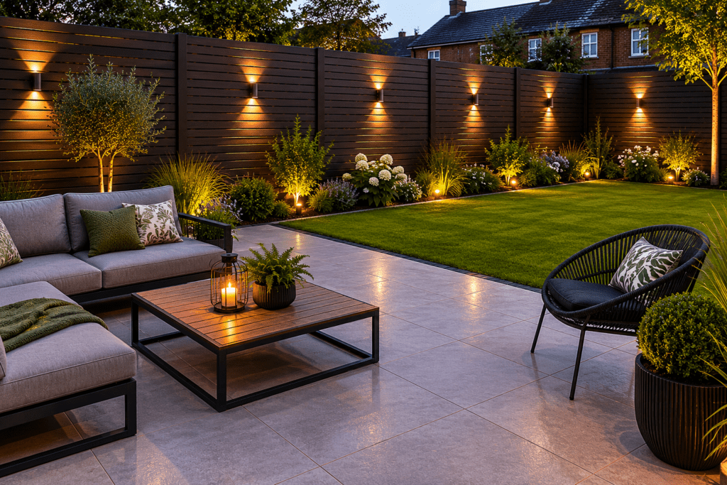 Contemporary slatted fencing with porcelain paving and garden seating in a landscaped garden in Marton, Middlesbrough