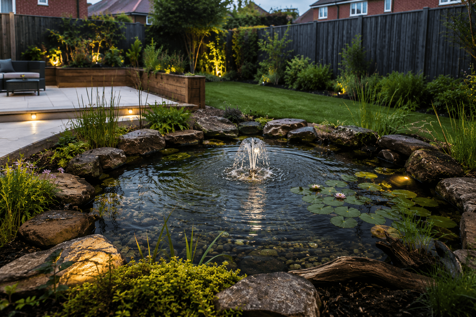 Custom wildlife garden pond with natural stone edging, fountain and planting in a landscaped back garden in Hartburn, Stockton-on-Tees