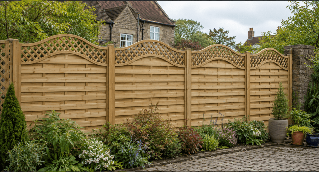 Decorative timber fence panels in a landscaped garden in Stokesley, North Yorkshire