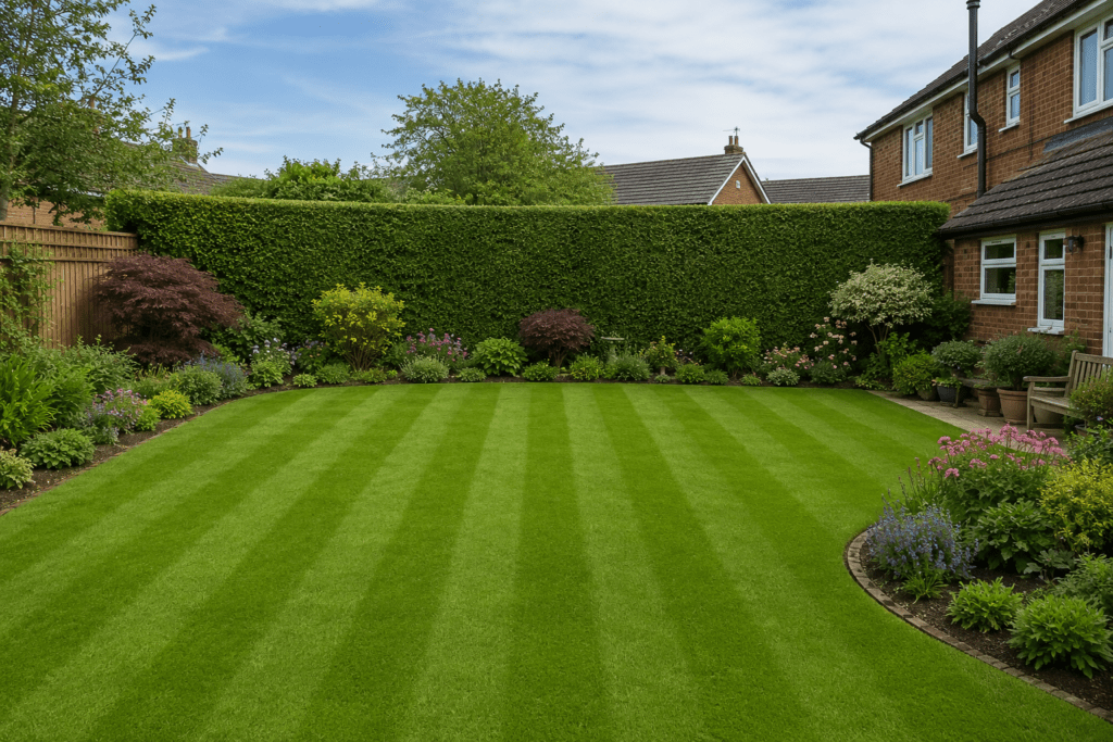 Professional garden maintenance in Hartburn, Stockton-on-Tees featuring striped lawn mowing, neatly trimmed hedge, tidy planting borders and a well-maintained family garden.