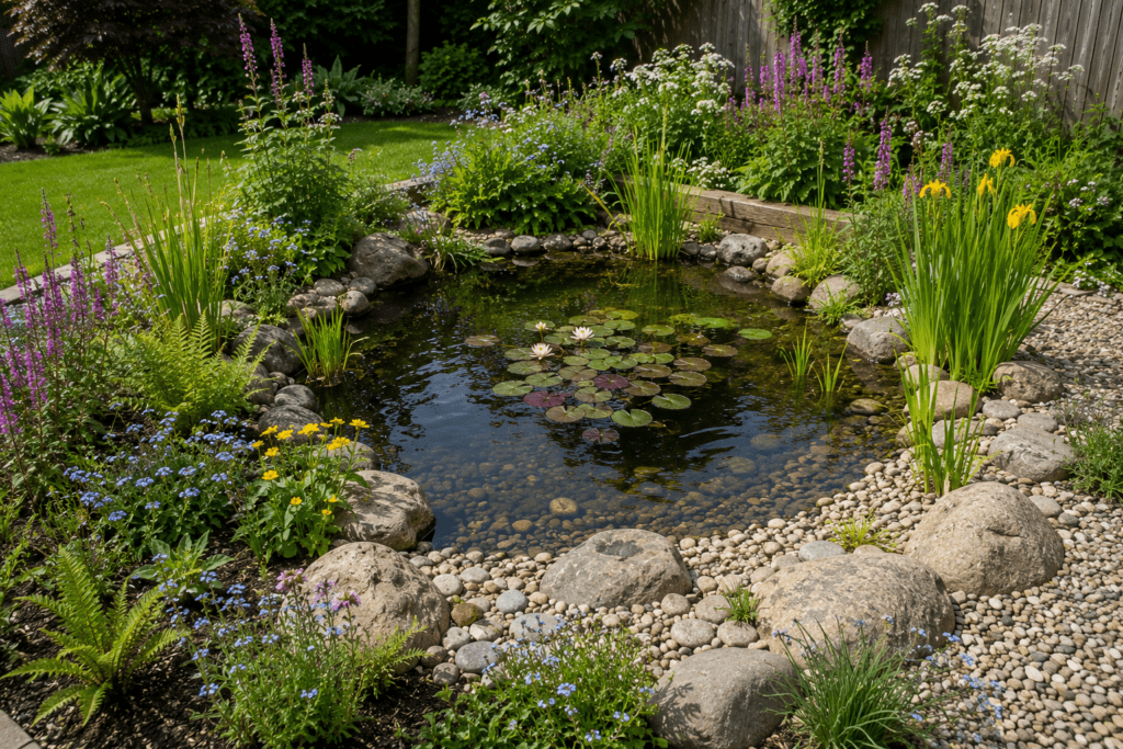 Natural wildlife pond with rocks, pebbles and marginal planting in Ingleby Barwick
