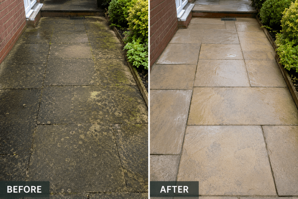 Before and after patio paving cleaning in Wynyard Stockton-on-Tees