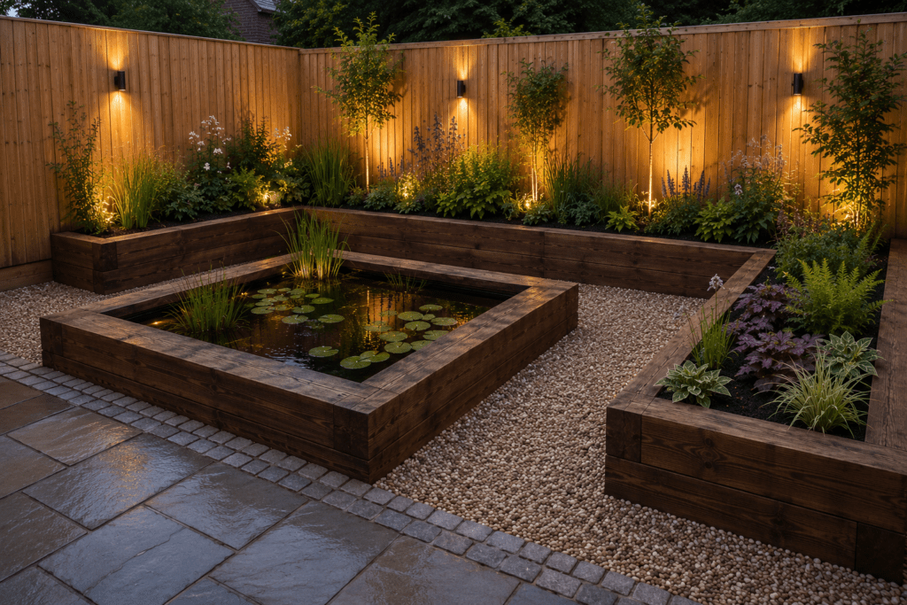 Raised sleeper wildlife garden pond with planting, cobble edging and closeboard fencing in Yarm