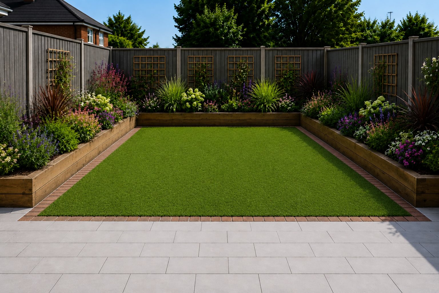 Artificial grass installation with sleeper beds, flowering borders and porcelain paving in Billingham, Teesside