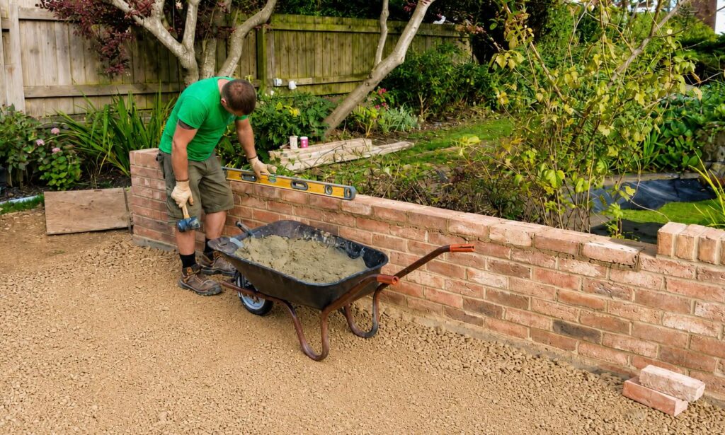 Andy constructing a curved brick garden wall as part of a landscaping project in Wynyard