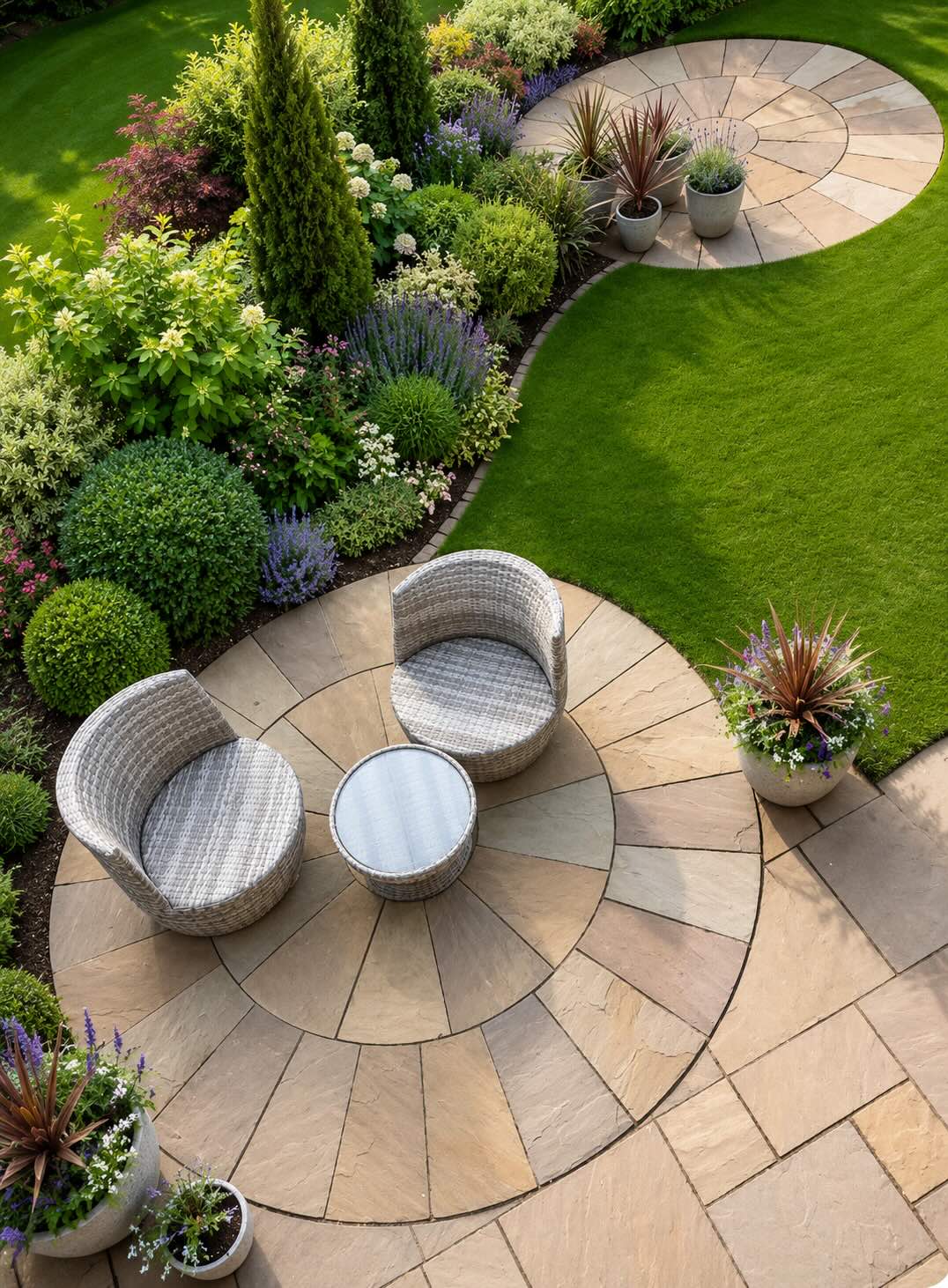 Circular sandstone patio design with landscaped planting and lawn in Yarm, Stockton-on-Tees