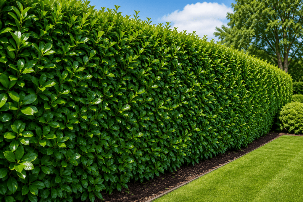 Cherry Laurel evergreen hedge providing year-round privacy screening in a UK garden