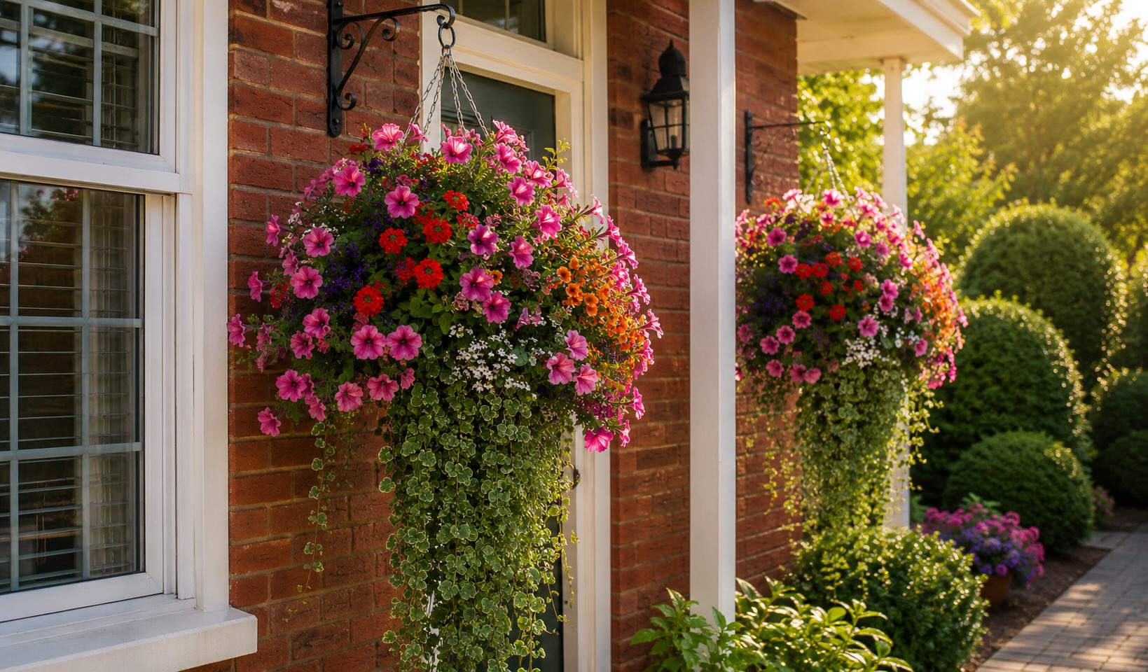 Extra large summer hanging baskets outside a home in Fairfield, Stockton-on-Tees by Green Onion Landscaping