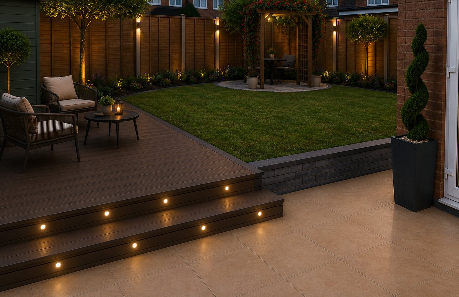 Composite decking, sandstone patio, rose archway and lawn garden design in Fairfield Stockton-on-Tees