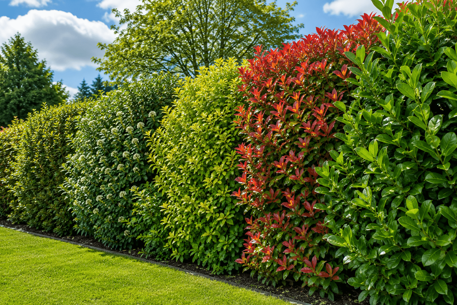 Garden hedging ideas featuring a mixed evergreen hedge with Photinia Red Robin, Laurel and colourful foliage in a UK garden