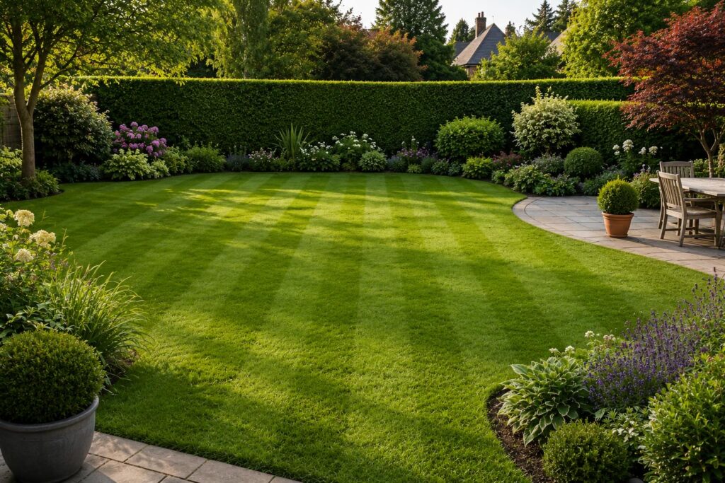 Professional garden maintenance with striped lawn, neatly trimmed hedge and well-maintained garden in Stockton-on-Tees