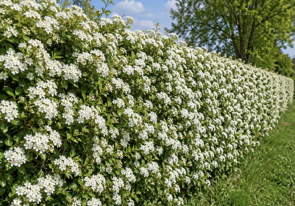 Hawthorn hedge with spring blossom providing food and habitat for wildlife in a UK garden