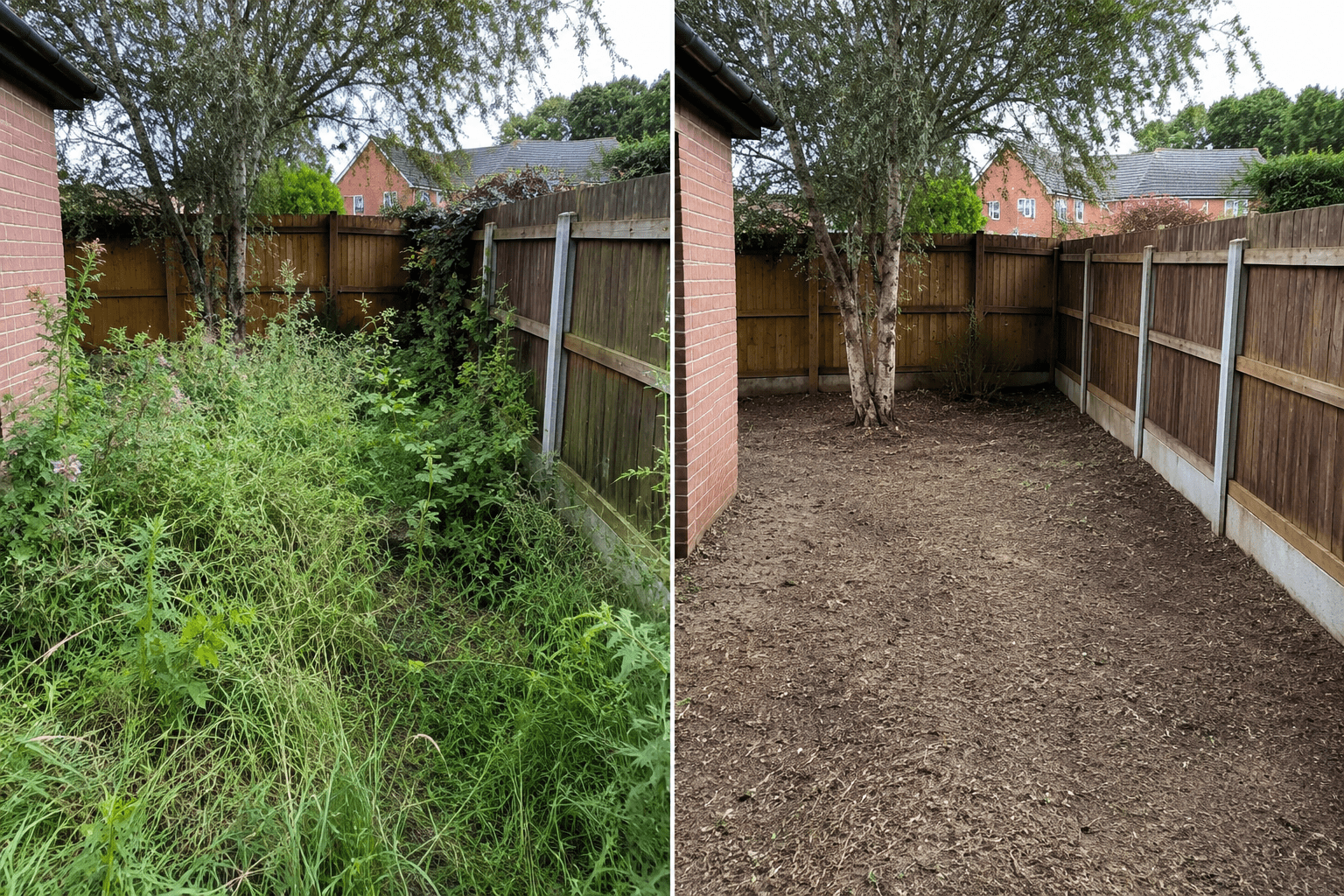 Garden clearance before and after showing an overgrown garden restored and cleared in Stockton-on-Tees, Teesside