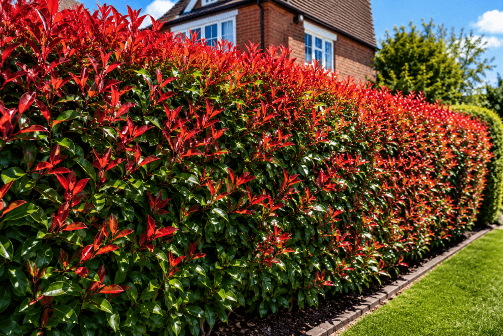 Photinia Red Robin hedge with colourful red foliage in a Wynyard garden near Stockton-on-Tees