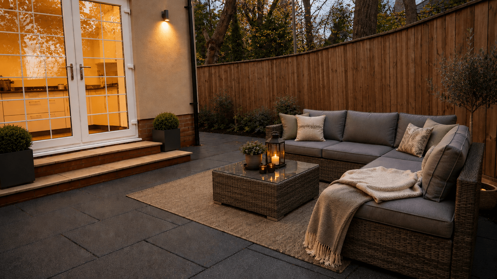 Professionally landscaped garden with porcelain patio, outdoor seating area and timber fencing in Marton, Middlesbrough