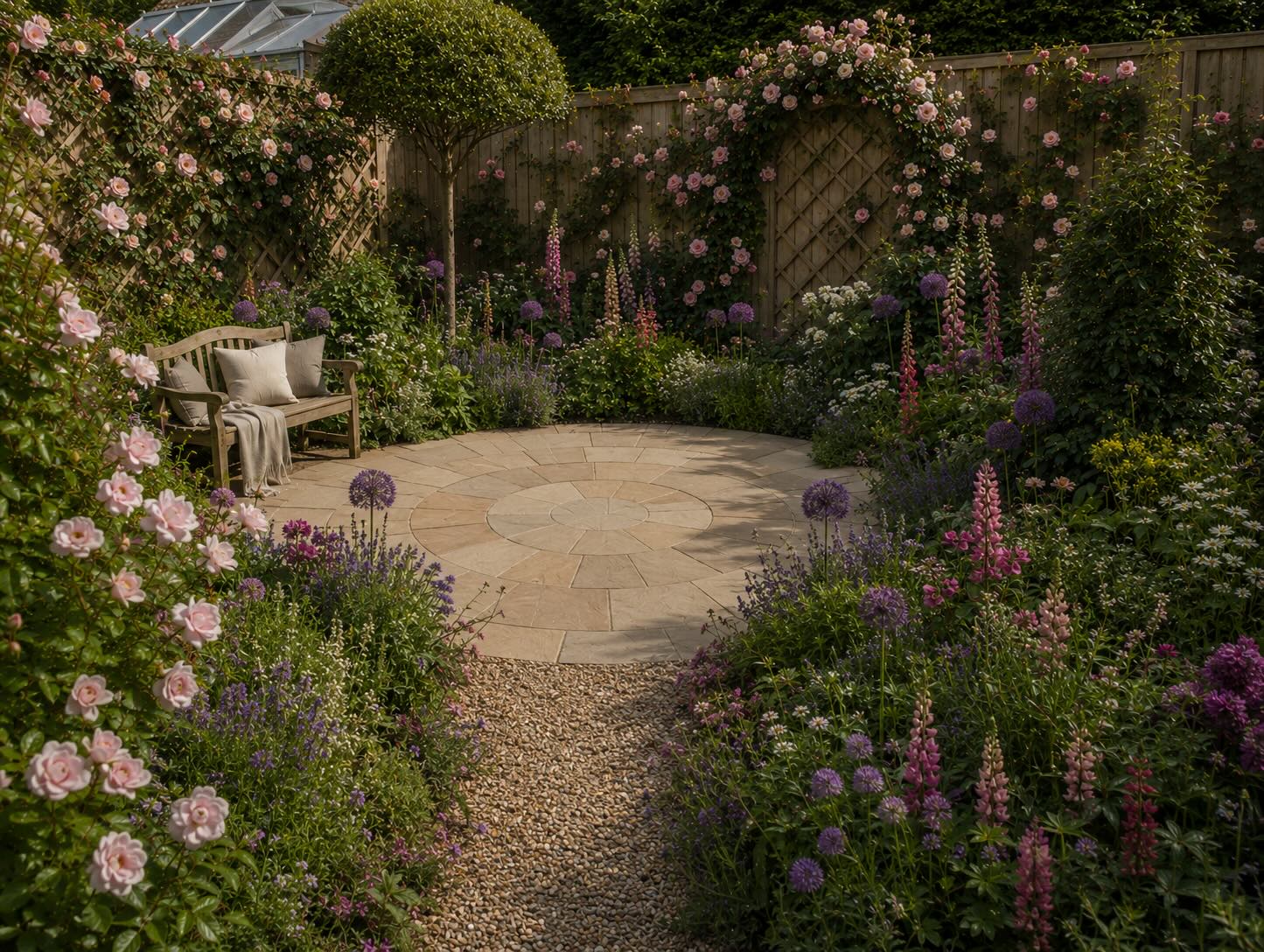 Soft landscaping in Teesside and County Durham with cottage garden planting, alliums, lupins, climbing roses and a circular sandstone patio