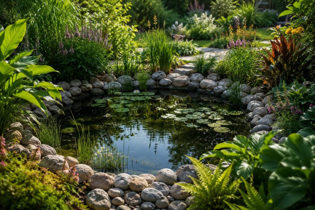 Natural wildlife garden pond with aquatic planting, lily pads and stone edging by Green Onion Landscaping in Stockton-on-Tees.